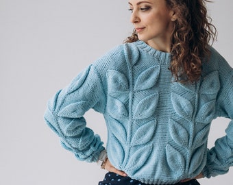 Blue cotton sweater, hand knit  pullover, custom made