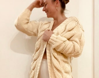 Cárdigan blanco grueso tejido a mano, suéter de cárdigan de algodón para mujer