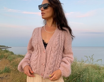 Cable knit alpaca wool pink cardigan for women, chunky oversized hand knit sweater cardigan