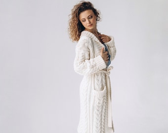 White cable knit cardigan,  made to Order long cotton  coat, hand knit wrap cardigan