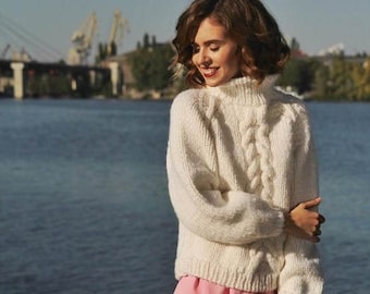 Hand knit chunky wool sweater, bohemian cable knit jumper, oversized white sweater, woman's gift