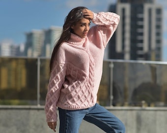Pink knitted turtleneck sweater, chunky oversized jumper, custom made