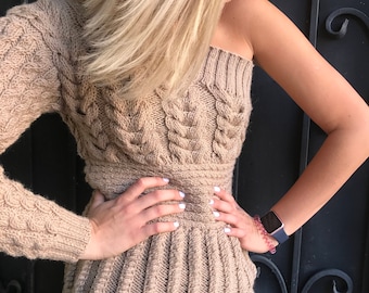 One Sleeve Knit Sweater: Cinched Waist Boho Pullover