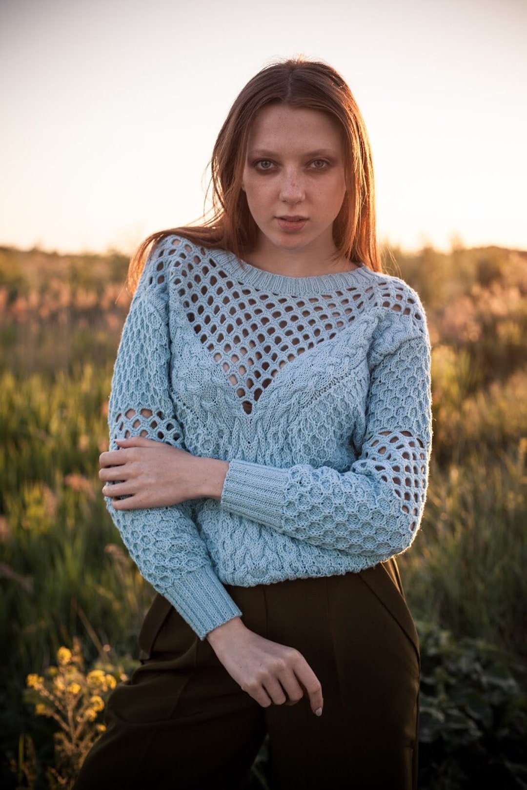 Spring Pullover Blue Organic Cotton Knit Sweater: Lace Spring Pullover, Size S - Etsy