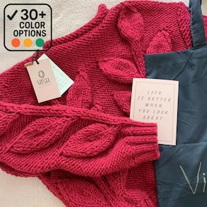 Handmade Chunky Leaf Knit Sweater, Red Organic Cotton Jumper, Women Cable Knit Sweater, Hand Knit Chunky Pullover for Women, Custom Made