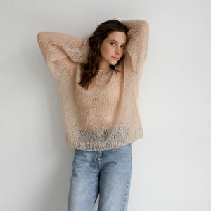 Hand knit mohair pullover, loose knit oversized wool sweater, puff sleeves bohemian jumper, made to order image 2