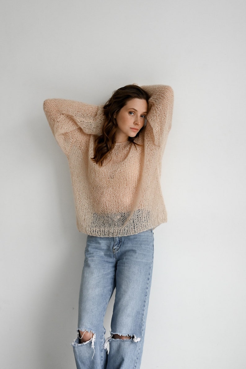 Hand knit mohair pullover, loose knit oversized wool sweater, puff sleeves bohemian jumper, made to order image 2