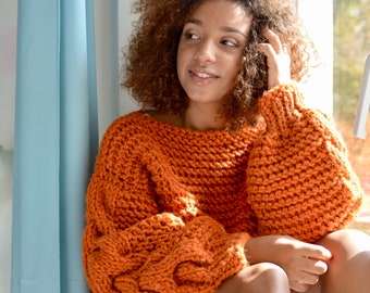 Suéter de punto trenzado naranja: jersey bohemio de lana de gran tamaño