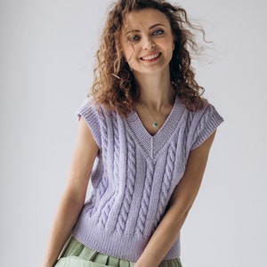 Lavender Cotton and knit vest, Custom knit lilac  sweater vest, woman knitted waistcoat