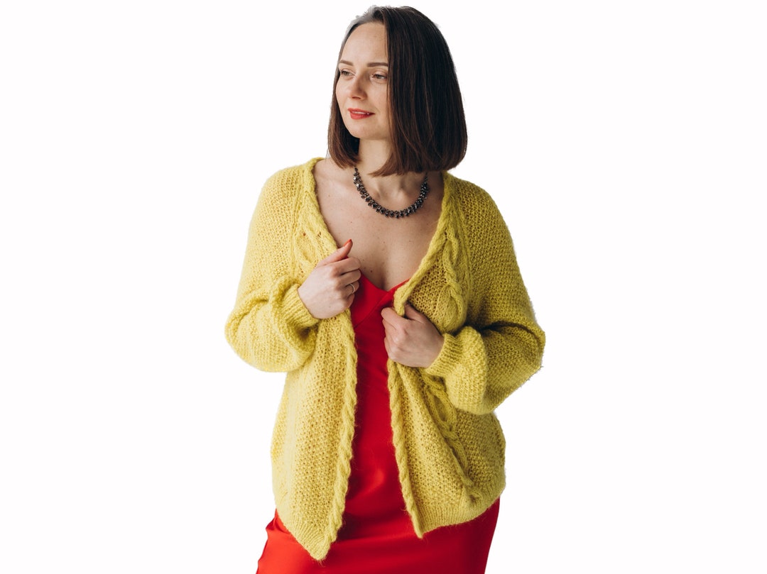 Hand Knit Mohair Cardigan: Cable Knit Oversized Yellow Wool Sweater - Main Image