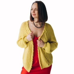 Hand knit mohair cardigan, cable  knit oversized wool sweater, fuzzy lightweight yellow cardigan