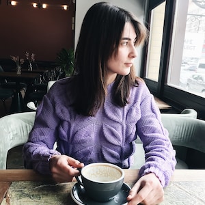 Purple knitted sweater with leaves design, womens jumper, chunky hand knit sweater, gift for her, cotton jumper pullover short lilac