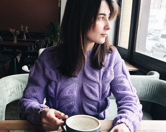 Purple knitted sweater with leaves design, womens jumper, chunky hand knit sweater, gift for her, cotton jumper pullover short lilac