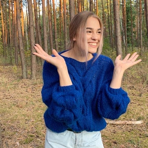 Women cable knit sweater, blue mohair  jumper, loose knit pullover