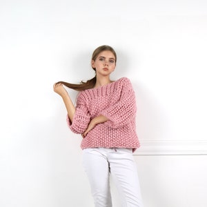 Pink oversized sweater cable knit jumper short sleeve sweater chunky sweater top slouchy women jumper pastel pink sweater hand knit pullover