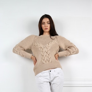 Beige Wool Cable Knit Sweater: Chunky Braided Jumper