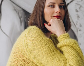 Hand Knit Mohair Cardigan: Cable Knit Oversized Yellow Wool Sweater