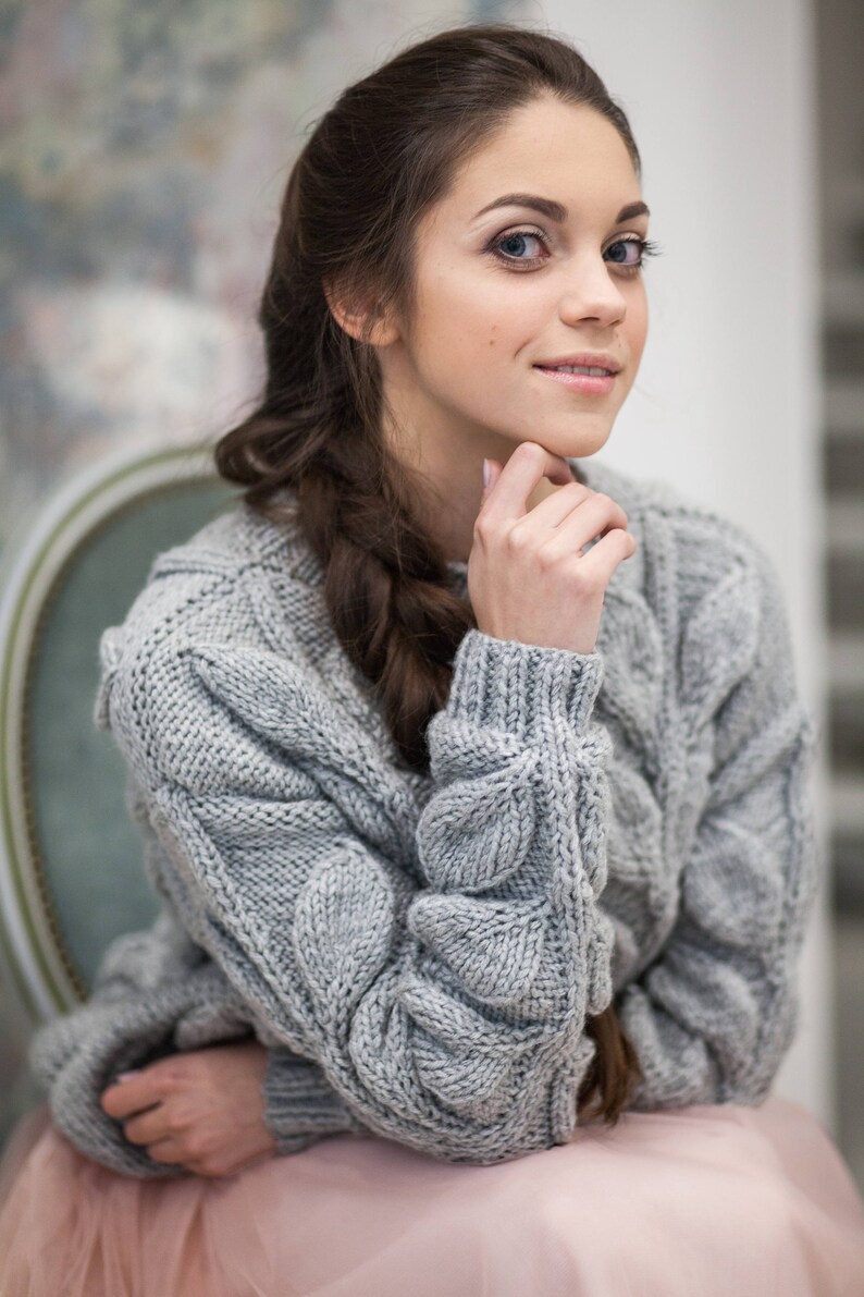 Gray knit sweater fall leaves clothing chunky warm sweater Etsy