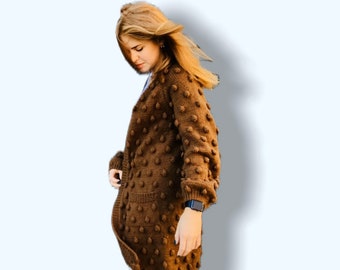 Chunky Knit Wool Cardigan with Pockets - Brown Pom Pom Sweater