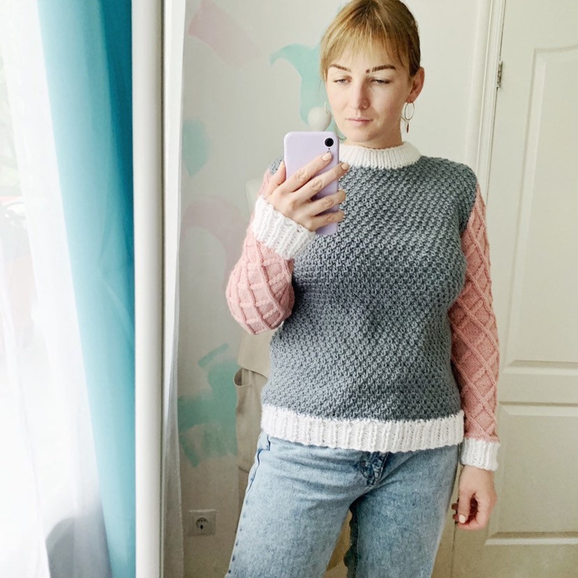 Pink Grey Sweater Pastel Wool Clothing Chunky Knit Pullover Etsy