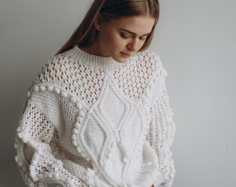 wool hand knitted sweater, white women pullover, custom made