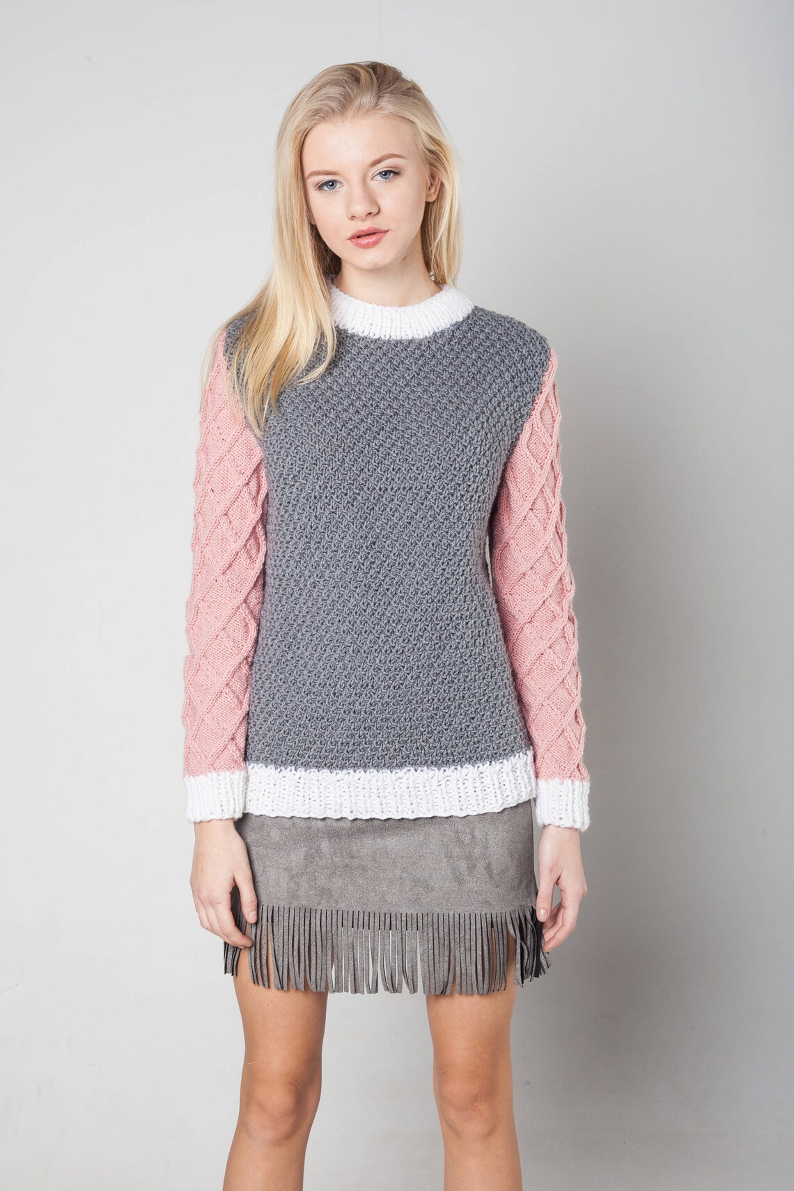 Pink grey sweater pastel wool clothing chunky knit pullover Etsy