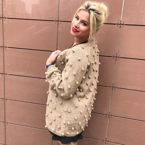 Beige hand knit women cardigan,  chunky oversized sweater cardigan, custom made wool knitted coat