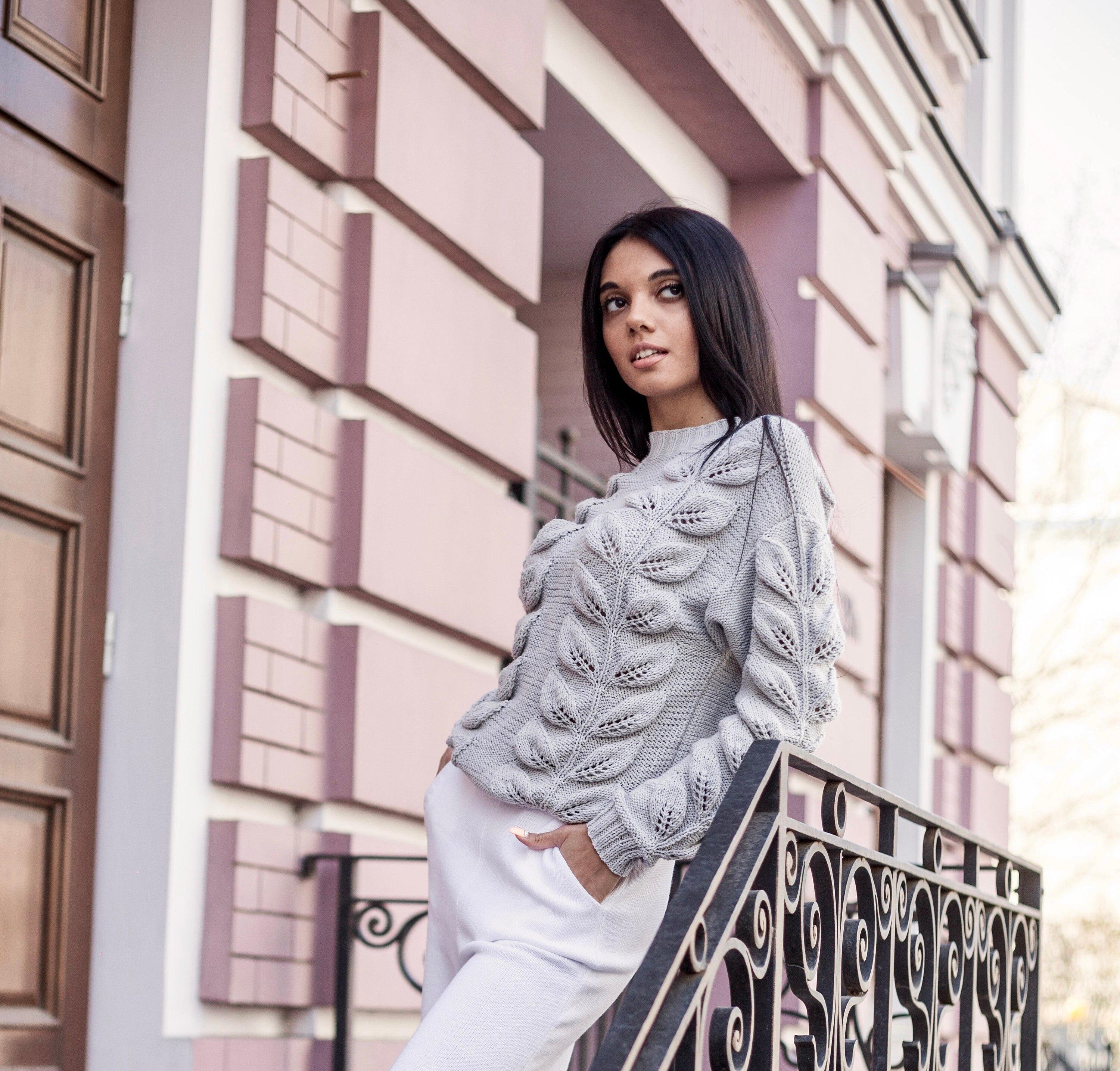 Grey Cotton Summer Sweater Hand Knit 