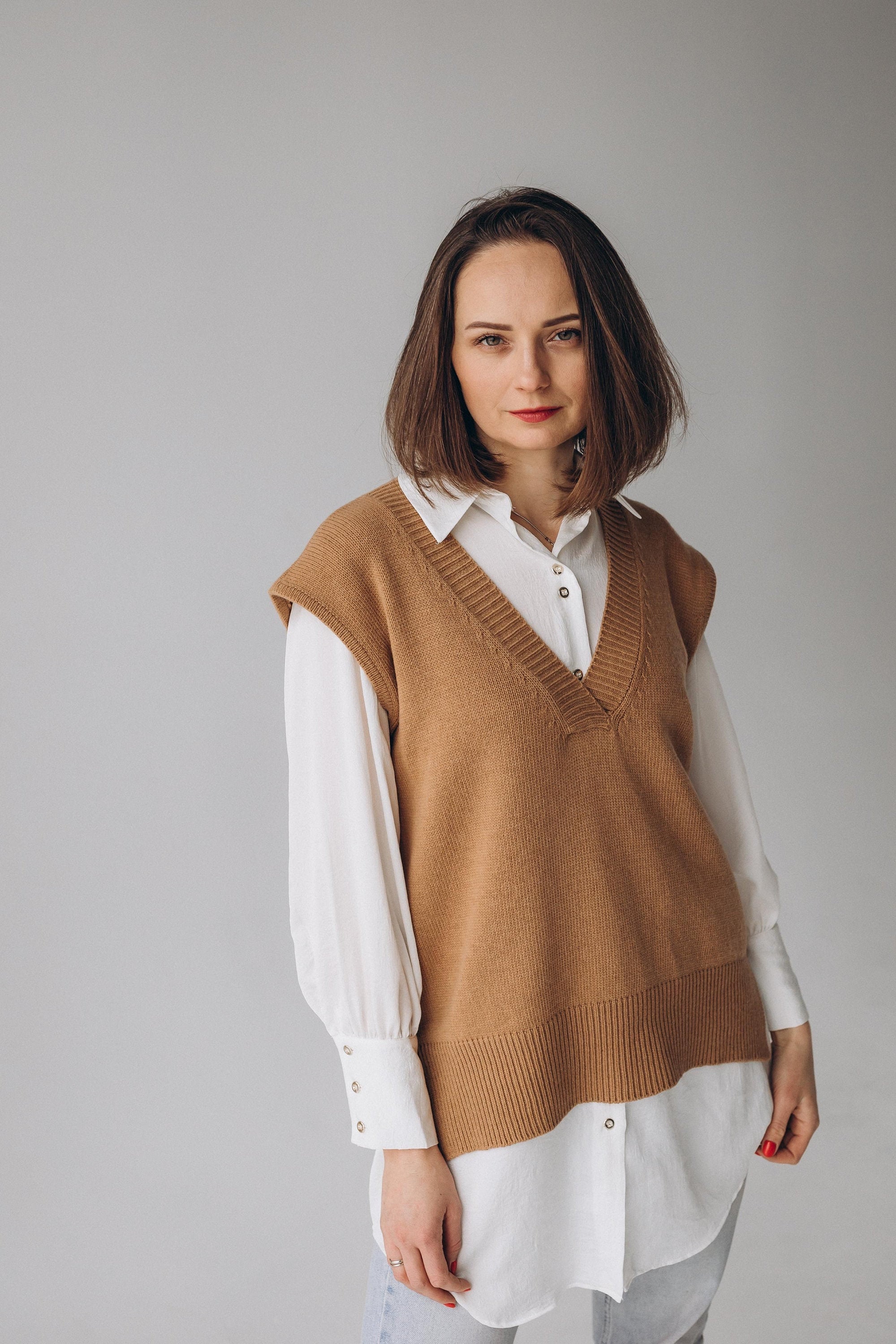 Camel beige Merino wool vest Custom knit sweater vest woman Etsy