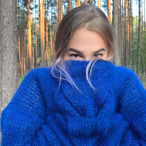 Women cable knit sweater, blue mohair jumper, loose knit pullover image 5