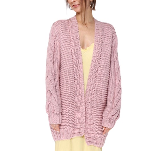 Hand Knit Chunky Cardigan for Woman Cable Knit Pink Oversized - Etsy