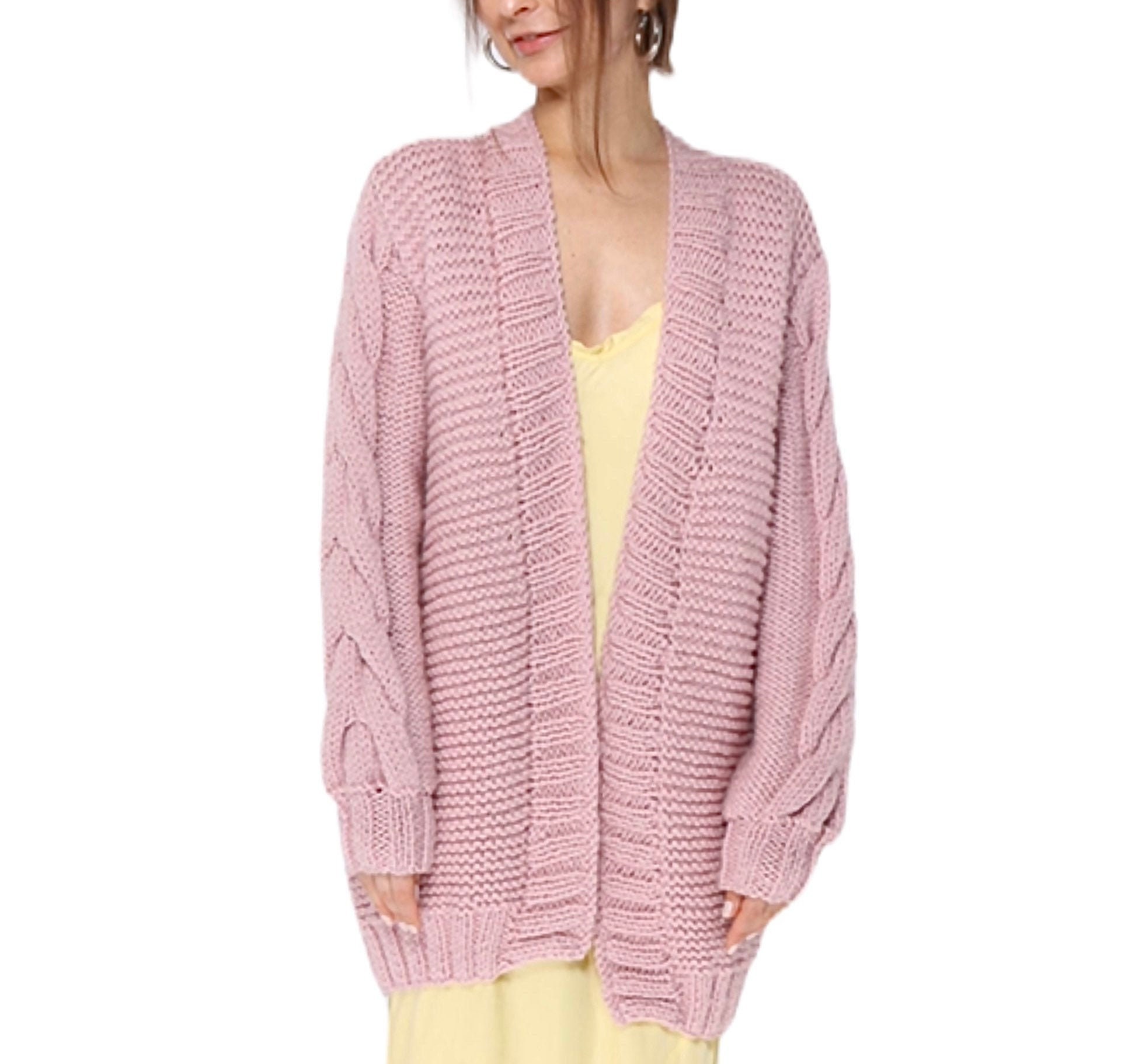 Hand knit chunky cardigan for Woman cable knit pink Etsy