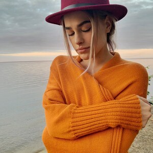 Merino wool knitted cardigan, long oversized knitted orange jacket, loose fit women coat, cusrom knitwear image 6