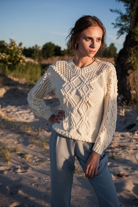 Cable knit white geometrical sweater, cropped knitted jumper, sheer chunky sweater, cotton wedding top boho summer clothing best friend gift Cable knit white geometrical sweater, cropped knitted jumper, sheer chunky sweater, cotton wedding top boho summer clothing best friend gift
