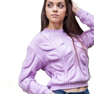 Hand knit merino wool sweater,cable knit lilac women pullover, custom made pullover