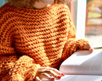 Orange Cable Knit Sweater: Boho Oversized Wool Jumper