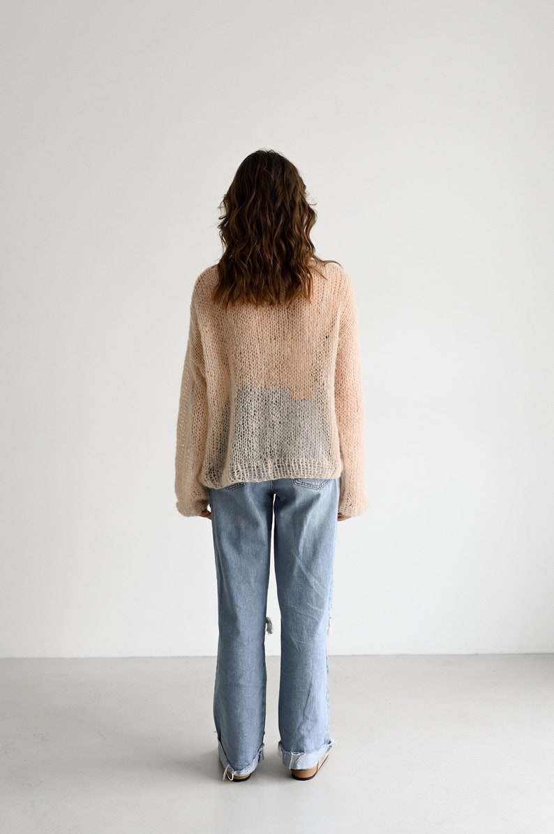 Hand knit mohair pullover, loose knit oversized wool sweater, puff sleeves bohemian jumper, made to order image 5