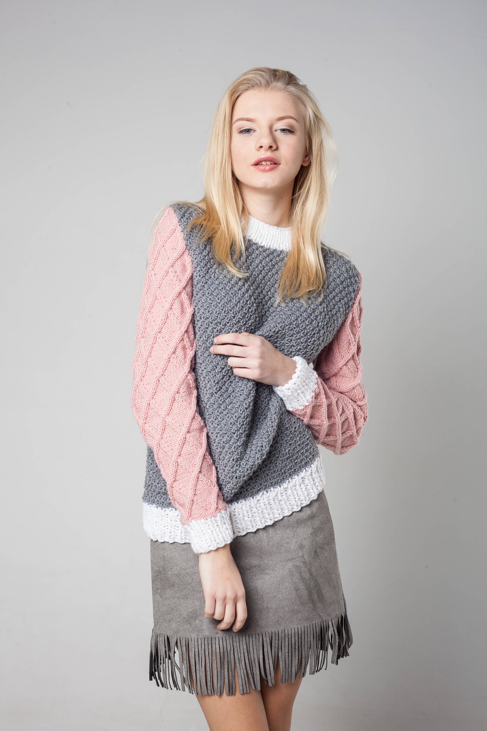 Pink Grey Sweater Pastel Wool Clothing Chunky Knit Pullover Etsy