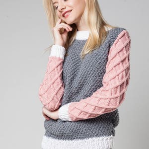 Pink Grey Wool Sweater: Chunky Cable Knit Pullover