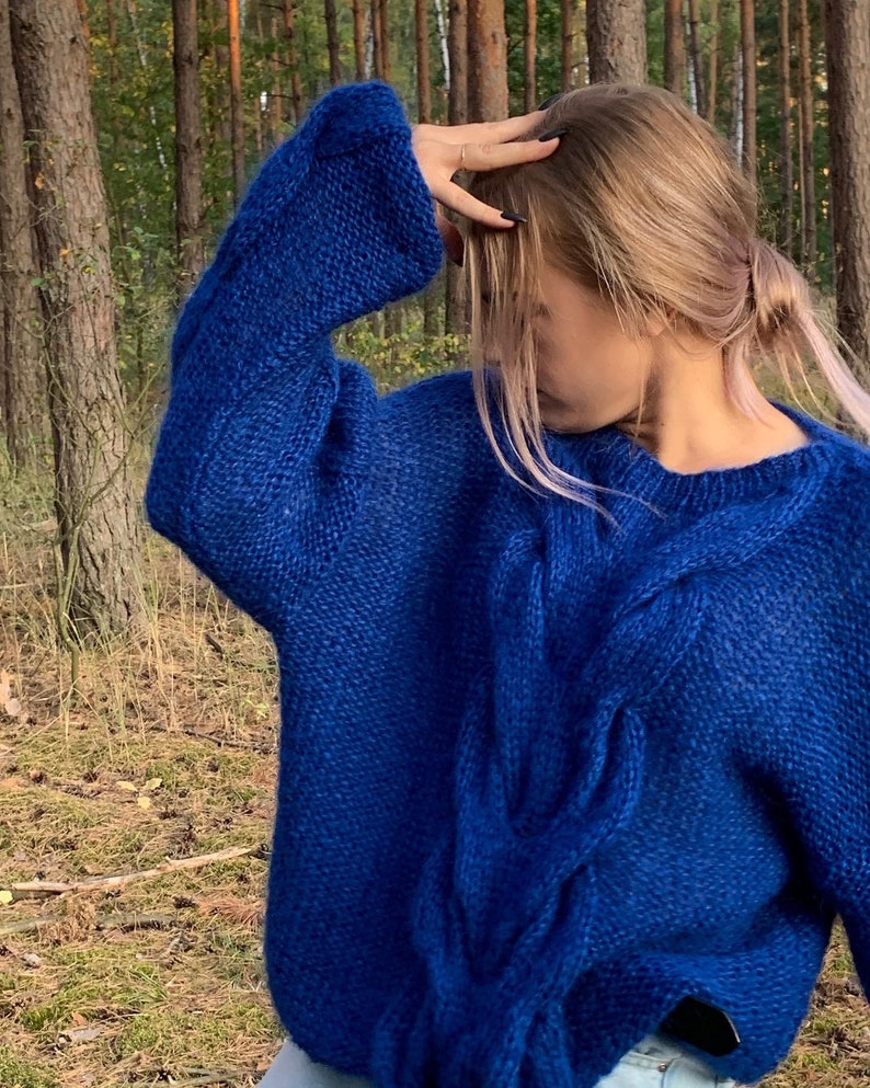 Women cable knit sweater, blue mohair jumper, loose knit pullover image 2