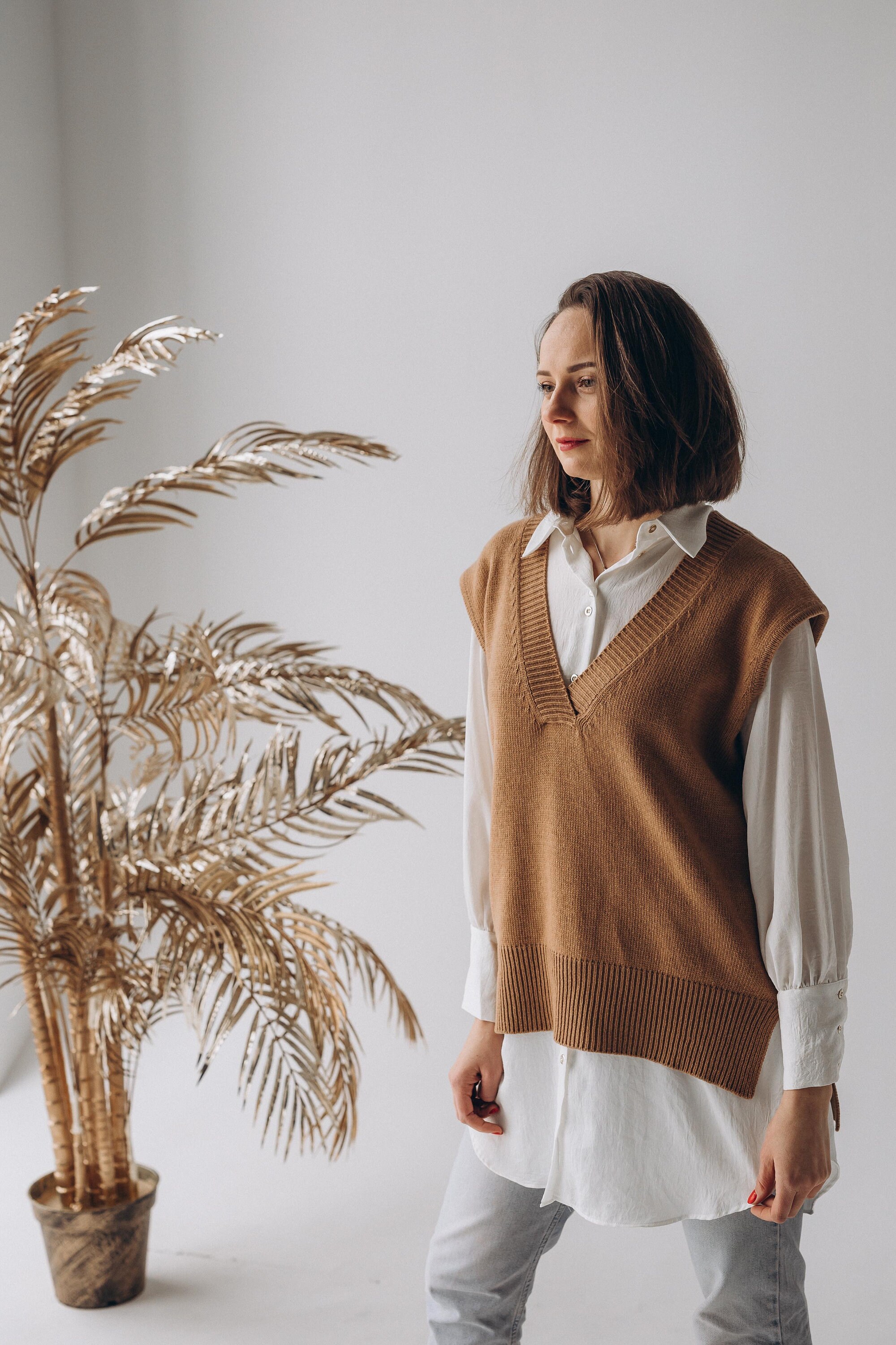 Camel beige Merino wool vest Custom knit sweater vest woman Etsy