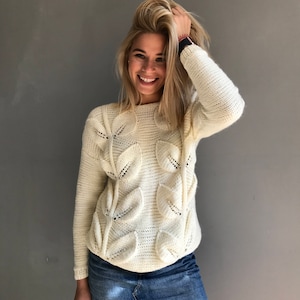 Wool knitted blue sweater, oversized sweatshirt, cable knit pullover, leaf jumper