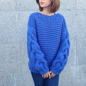 Blue  chunky knitted  oversized pullover, custom  knit sweater, cable knit wool sweater