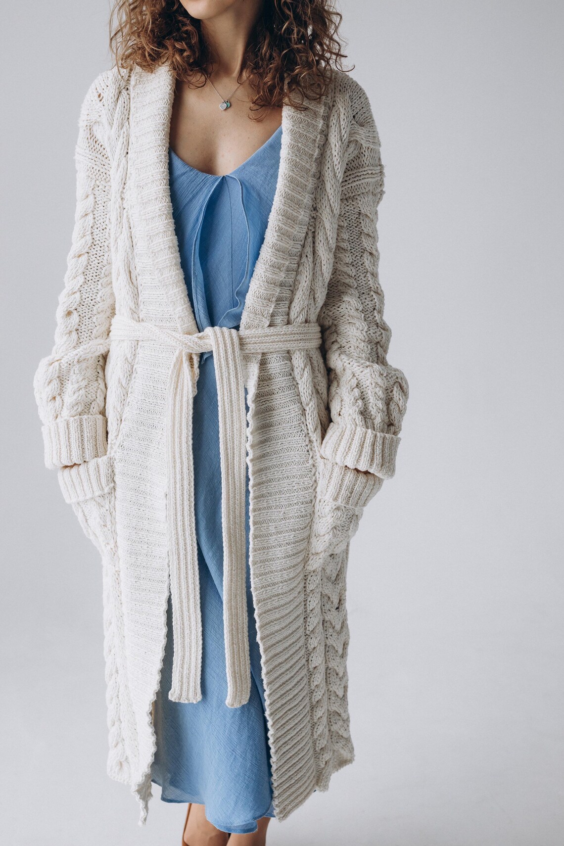 White cable knit cardigan made to Order long cotton coat Etsy
