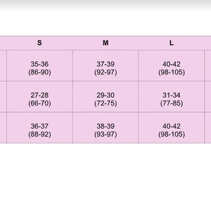 May include: Size chart for clothing with measurements in inches and centimeters. The chart shows bust, waist, and hip measurements for sizes XS, S, M, L, XL, and XXL.
