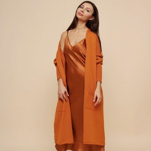 Merino wool knitted cardigan, long oversized knitted orange jacket, loose fit women coat, cusrom knitwear image 3