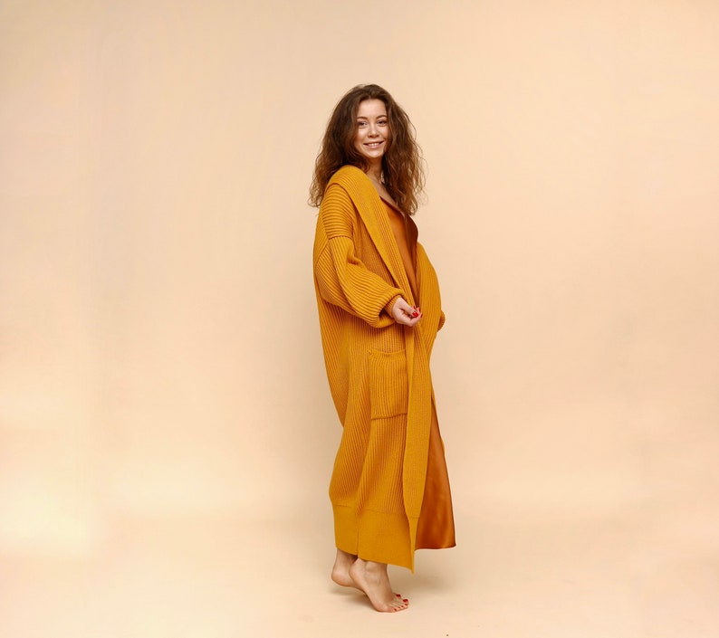 Wool maxi knit cardigan long oversized mustard yellow jacket Etsy