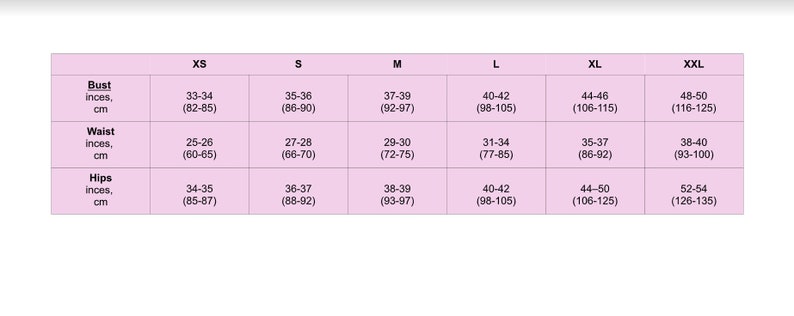 May include: Size chart for clothing with measurements in inches and centimeters. The chart shows sizes XS, S, M, L, XL, and XXL with measurements for bust, waist, and hips.