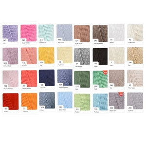 May include: A color chart of yarn samples with corresponding numbers and names in Turkish. The yarn colors include light purple, pink, light blue, light gray, brown, white, cream, dark green, yellow, gray, black, beige, red, orange, dark blue, light green, light blue, light green, light gray, and light gray.