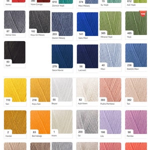 May include: A color chart of yarn samples with numbers and names in Turkish. The yarn colors include purple, red, green, blue, gray, black, yellow, white, brown, beige, pink, and orange.
